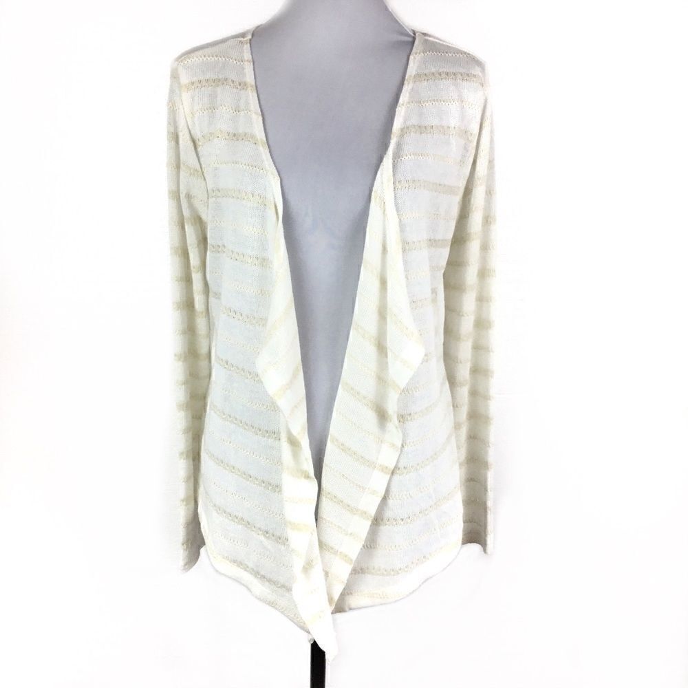 Karen Brooks Cardigan Open Waterfall Front Tan Ivory Stripe Long Sleeve Medium